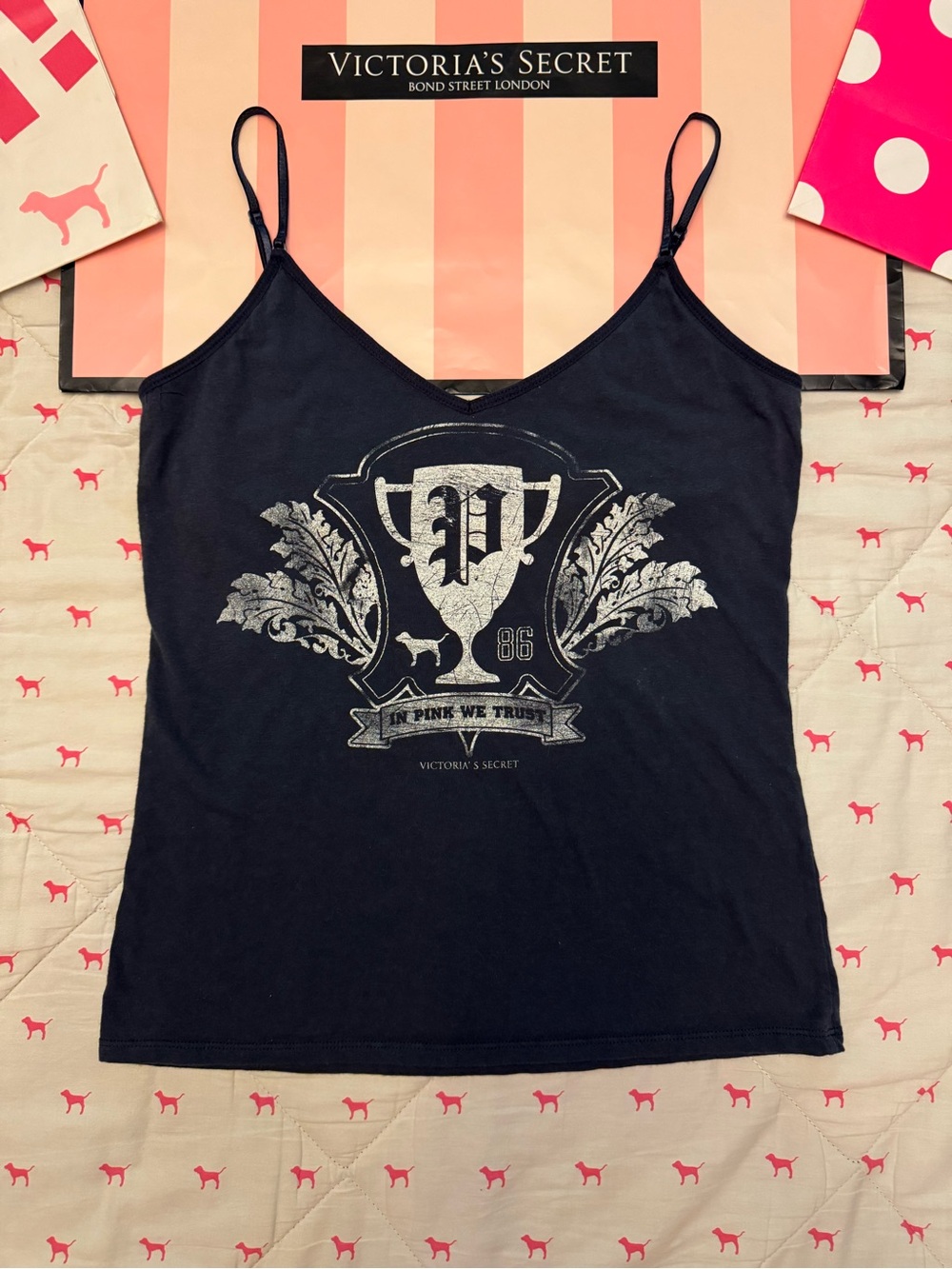 VS PINK VINTAGE Y2K CAMI TANK TOP NAVY BLUE & WHITE CREST DOG PUP 86 LOGO RARE M